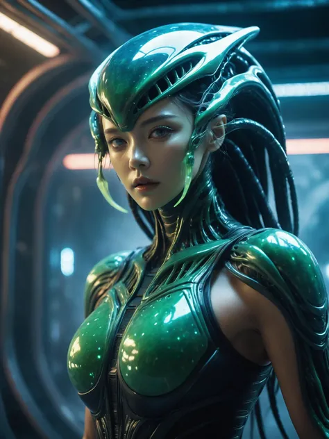 (a strange-looking female alien:1.3), open mouth, sharp teeth, muscular, aesthetic physique, sweat, slime, (strange-looking alien body), fighting stance, spaceship background, artistic photos, 8k,