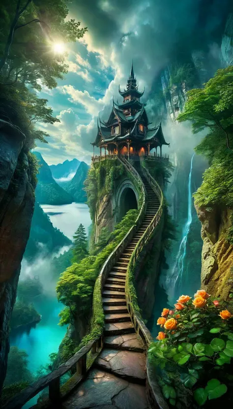 From the shore of the lake the winding stairs rose, carved into the rock face itself, ascending, winding through mountain forest and through tunnels, climbing to the very clouds themselves.
fantasy style, dreamlike fantasy art, vivid colors, airbrush painting,
<lora:RMSDXL_Enhance:1>,
<lora:add-detail-xl:0.8>,
<lora:RMSDXL_Darkness_Cinema:1>,
<lora:PerfectEyesXL:1.2>
