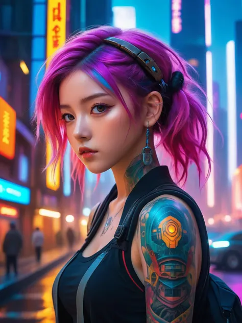 Hyperrealistic portrait of a 18 year old girl with intense gaze, intricate facial tattoos, colorful hair, and vibrant lighting. (upper thighs shot), Set against a dystopian cityscape background, reminiscent of cyberpunk art. Masterpiece digital artwork by Greg Rutkowsky and Hayao Miyazaki.