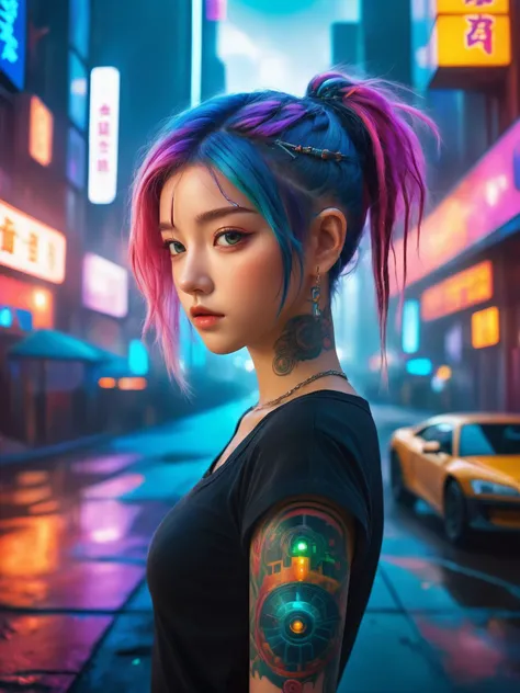 Hyperrealistic portrait of a 18 year old girl with intense gaze, intricate facial tattoos, colorful hair, and vibrant lighting. (upper thighs shot), Set against a dystopian cityscape background, reminiscent of cyberpunk art. Masterpiece digital artwork by Greg Rutkowsky and Hayao Miyazaki.