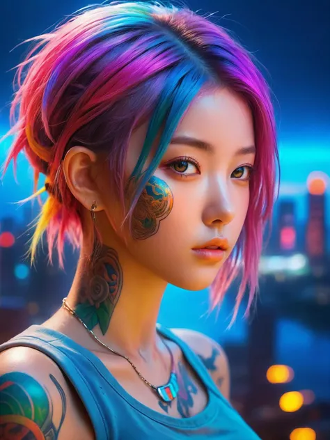 Hyperrealistic portrait of a 18 year old girl with intense gaze, intricate facial tattoos, colorful hair, and vibrant lighting. (upper thighs shot), Set against a dystopian cityscape background, reminiscent of cyberpunk art. Masterpiece digital artwork by Greg Rutkowsky and Hayao Miyazaki.