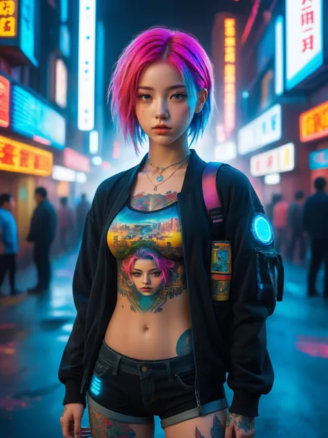Hyperrealistic portrait of a 18 year old girl with intense gaze, intricate facial tattoos, colorful hair, and vibrant lighting. (upper thighs shot:1.3), Set against a dystopian cityscape background, reminiscent of cyberpunk art. Masterpiece digital artwork by Greg Rutkowsky and Hayao Miyazaki.