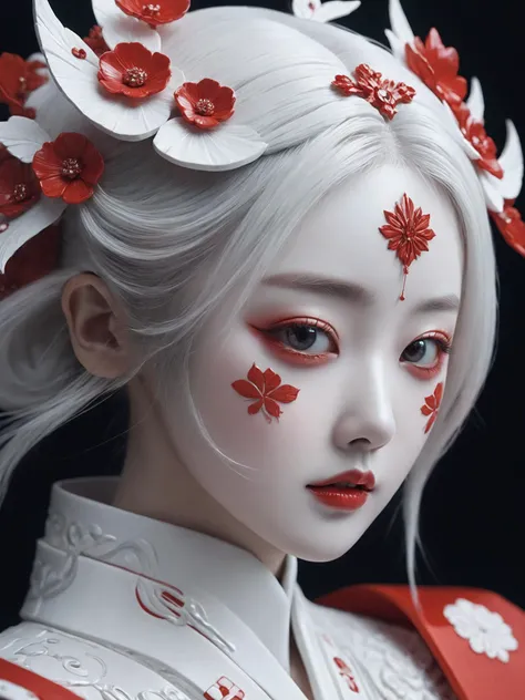 japanese girl with red and white painted face, in the style of gothic futurism, monochromatic symmetry, intricate embellishments, eerily realistic, yup'ik art, photo-realistic techniques, porcelain, subsurface scattering, Photorealistic, Hyperrealistic, analog style, realistic, film photography, soft lighting, heavy shadow,