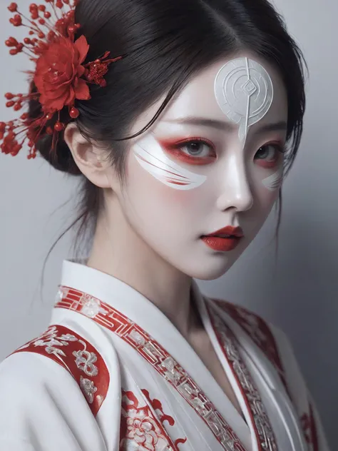 japanese girl with red and white painted face, in the style of gothic futurism, monochromatic symmetry, intricate embellishments, eerily realistic, yup'ik art, photo-realistic techniques, porcelain, subsurface scattering, Photorealistic, Hyperrealistic, analog style, realistic, film photography, soft lighting, heavy shadow,