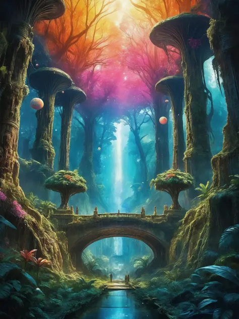 Concept Art,(masterpiece:0.3) high detailed,bright natural lighting,shadows,high contrast,a tropical Forest in alien planet,two big moons in sky,Old civilization ruins,seeing (mythical alien  not on earth plantations Neon lights on Flower kind plants) Trees plants and flowers from the ground,view from below,atmospheric dreamscape painting,dream scenery art,highly detailed visionary art,cgi style,vibrant oil painting,splash art,Cozy mystery,masterpiece 8k wallpapper,neoplasticism,Unreal Engine,dramatic lightingvines,overgrown,ink stains,ink splatters,ink runs,ink spots,faded ink,ral-dissolve,linquivera,liiv1,on parchment,