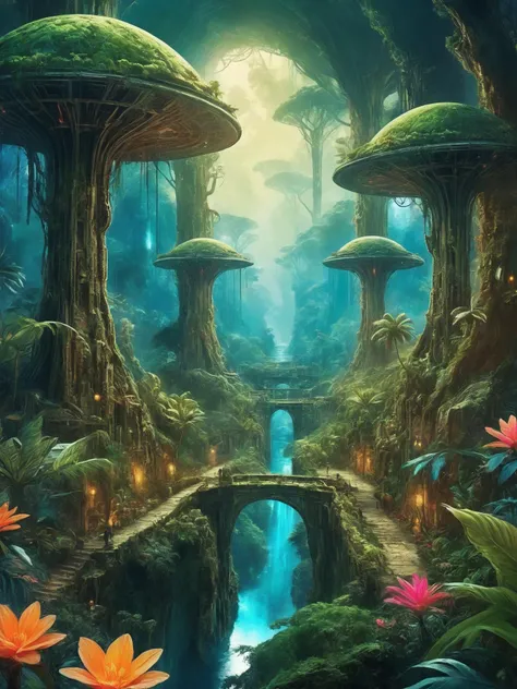 Concept Art,(masterpiece:0.3) high detailed,bright natural lighting,shadows,high contrast,a tropical Forest in alien planet,two big moons in sky,Old civilization ruins,seeing (mythical alien not on earth plantations Neon lights on Flower kind plants) Trees plants and flowers from the ground,view from below,atmospheric dreamscape painting,dream scenery art,highly detailed visionary art,cgi style,vibrant oil painting,splash art,Cozy mystery,masterpiece 8k wallpapper,neoplasticism,Unreal Engine,dramatic lightingvines,overgrown,ink stains,ink splatters,ink runs,ink spots,faded ink,ral-dissolve,linquivera,liiv1,on parchment,