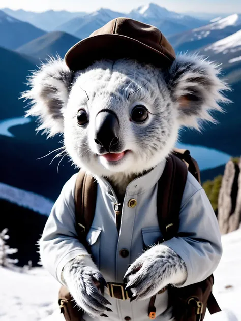 Adventurous cute funny koala, donned a tiny explorerâÂÂs hat and carried a mini backpack, walk in wild snowy mountains, detailed fur, by Jean-Baptiste Monge, Gilles Beloeil, Tyler Edlin, Marek Okon, Pixar, 8k, album art, comic style, golden ratio, perfect composition, a masterpiece, trending on artstation, extreme close up, shot from below. High dynamic range, vivid, rich details, clear shadows and highlights, realistic, intense, enhanced contrast, highly detailed.