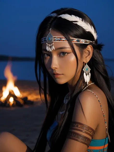 a woman sitting at a campfire, tents, at night, fire light, dark silhouette, beautiful eyes, beautiful girl, high detail skin, high detail eyes, high detail hair, highres, ultra detailed, sharpen picture, Highly detailed, masterpiece, best quality, photorealistic,
1girl, (beautiful face), perky breasts, supermodel body, long hair, native american, dark skin, feathers, hair ornament, jewelry, necklace, tribal, headdress, armlet, (facepaint, tattoos), braid, bracelet, (upper thighs shot:1.3),