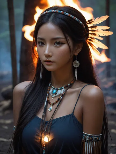 a woman sitting at a campfire, tents, at night, fire light, dark silhouette, beautiful eyes, beautiful girl, high detail skin, high detail eyes, high detail hair, highres, ultra detailed, sharpen picture, Highly detailed, masterpiece, best quality, photorealistic,
1girl, (beautiful face), perky breasts, supermodel body, long hair, native american, dark skin, feathers, hair ornament, jewelry, necklace, tribal, headdress, armlet, (facepaint, tattoos), braid, bracelet, (upper thighs shot:1.3),