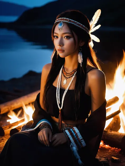 a woman sitting at a campfire, tents, at night, fire light, dark silhouette, beautiful eyes, beautiful girl, high detail skin, high detail eyes, high detail hair, highres, ultra detailed, sharpen picture, Highly detailed, masterpiece, best quality, photorealistic,
1girl, (beautiful face), supermodel body, long hair, native american, dark skin, feathers, hair ornament, jewelry, necklace, tribal, headdress, armlet, (facepaint), braid, bracelet, (upper thighs shot:1.3),