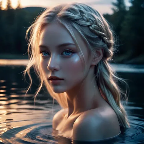 Photo of a beautiful blonde Nordic woman, night, in a lake, only her head above the water, moonlight illuminating her features, braided hair, (nude:1.95),
detailed face,
fantasy style,
airbrush painting, dreamlike art,