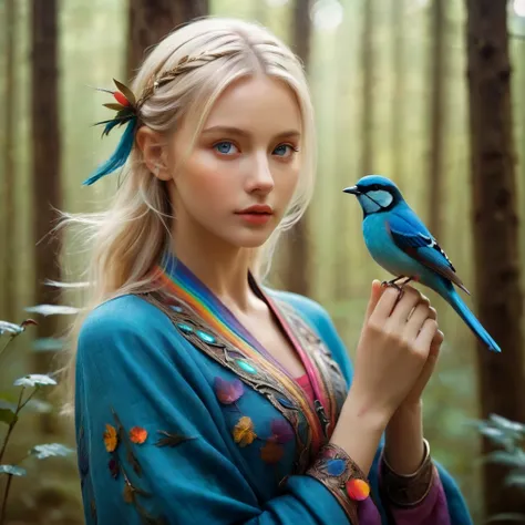 Photo of a beautiful blonde Nordic woman with a (small colorful bird perched on her hand:1.95), forest, detailed face,

fantasy style, 
