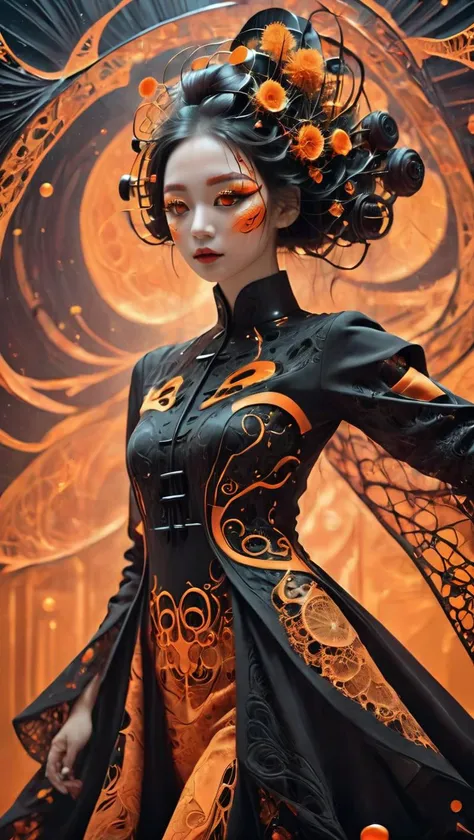 Wet black and orange color inks line art dreamy female portrait with lot of lace filigrees on black canvas illustration described in the perfect fractal style of Vassily Kandinsky,<lora:xl-shanbailing-1029chinese technology-000003:1>, bailing-traditional opera,chinese clothes,facepaint,