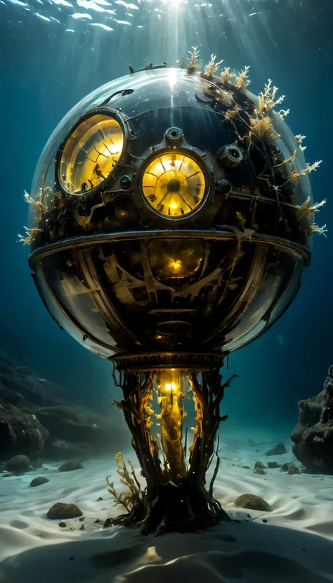 A crashed steampunk Sphere <lora:Elamite_Sphere:0.6>Spaceship, Liquid chrome finish, Underwater, buried in the sand, weathered, decayed, plant overgrown like an artificial reef. Only the top can be seen. Night Photography, Underwater Wildlife Photography, Hint of Color, Faded Color, Wet plate collodion photography, Dark, mature, gritty, Oil painting. Nighttime. Stygian darkness. Rule of Thirds. Aquamarine background. The Underwater surface of the ice can be seen from below. Dark. Center top Spotlight. God streaks. Long exposure. Minimalist. Fantastic. Hyper Realism. Serene. Longing. Ethereal. Intense. Yellow colored lighting. Ultra-wide-angle lenses, High angle POV. Zoom out, Far subject, shooting from a high angle