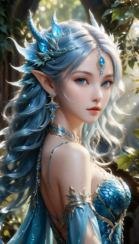 (full body shot:1.2), Lady of azure dragon, blue eyes, detailed eyes, petite and slender, shy expression, realistic, realistic. highly detailed, detailed hair, exquisitely elegant hairstyle, (pointed elf ears:1.1), (tiara with intricate forehead jewelry:1.15), (delicate azure dragon horns:1.1), suggestive, detailed skin, photo-realistic, extremely lifelike, perfect delicate feminine hands, (intricate textures), RAW candid cinema, 16mm, color graded portra 400 film, remarkable color, ultra realistic, textured skin, remarkable detailed pupils,shot with cinematic camera. <xl_more_art-full_v1:1> <ahxl_v1:.5> <add-detail-xl:.75> <DetailedEyes_V3:.8>