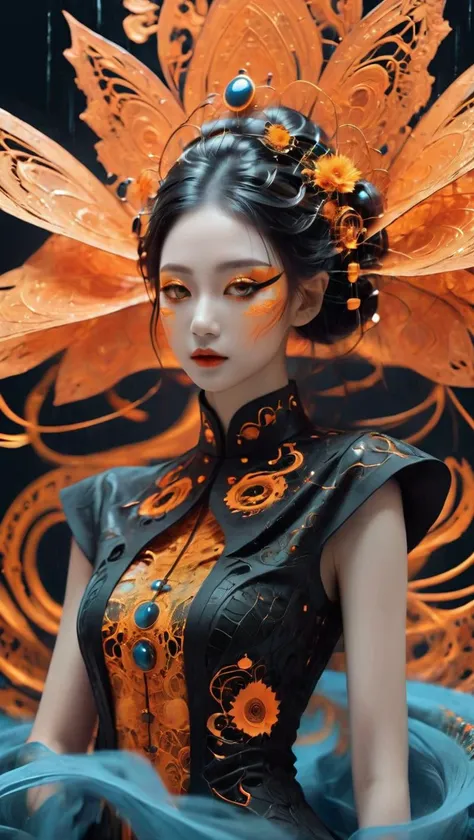 Wet black and orange color inks line art dreamy female portrait with lot of lace filigrees on black canvas illustration described in the perfect fractal style of Vassily Kandinsky,<lora:xl-shanbailing-1029chinese technology-000003:1>, bailing-traditional opera,chinese clothes,facepaint,