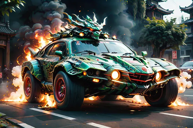 druidic zkeleton mecha tank drifting like a japanese ricebox street racer, neon turbo, perfect perspective automotive style shot