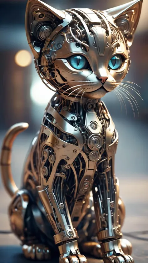 a cute kitten made out of metal,(cyborg:1.1),([tail | detailed wire]:1.3),(intricate details),hdr,(intricate details, hyperdetailed:1.2),cinematic shot,vignette,centered,