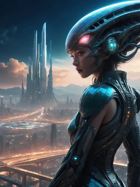 (sci-fi scenery:1.5), (1 beautiful human girl and 1 humanoid masculin alien creature embrace each other:1.5), large breasts, (upper thighs shot), futurist style city in background, (masterpiece:1.5), (high quality:1.3), (best quality:1.3), official wallpaper, official art, detailed, extremely detailed, extremely intricate, cinematic lighting, vibrant colors, (epic scenery:1.1), (beautiful scenery:1.1), (detailed scenery:1.1), (wonderful scenery:1.1),