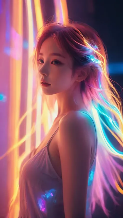 neon noir,long exposure,motion blur,1girl,(Glowing ambiance, enchanting radiance, luminous lighting, ethereal atmosphere, mesmerizing glow, evocative hues, captivating coloration, dramatic lighting, enchanting aura),