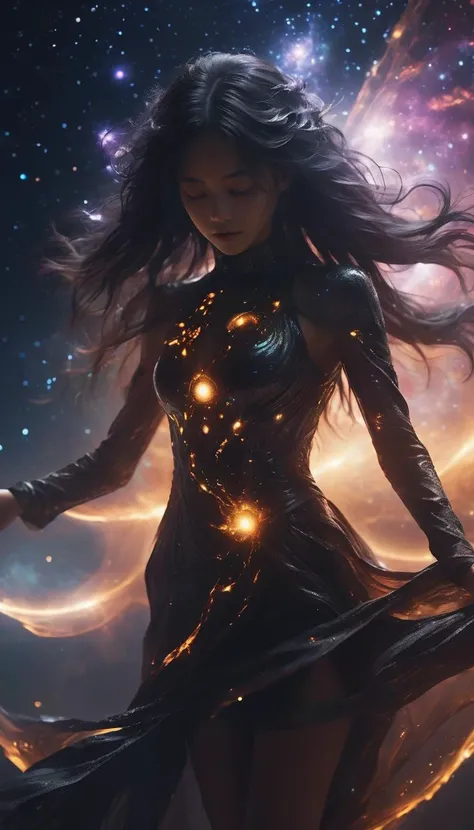 dark celestial skin body,1girl,void cosmic body,colored skin,(masterpiece, best quality, hires),godlike astral entity,planets orbiting around face,body and face made of stars,translucent,ethereal,in space,intricate detail,8k,hdr,jet black skin,silhouette,long hair,wind,woman,steam,strong light,void cosmic body,vortex,seething,smoke,disappear,(wind:1.2),black room,cloud,galaxy clouds,horizon,wing,reflected light,rip,Descending clouds,(shiny hair:1.3),stella octangula,long scarf,Portals to Other Worlds,neon city,mechanical body,cloud cascade,