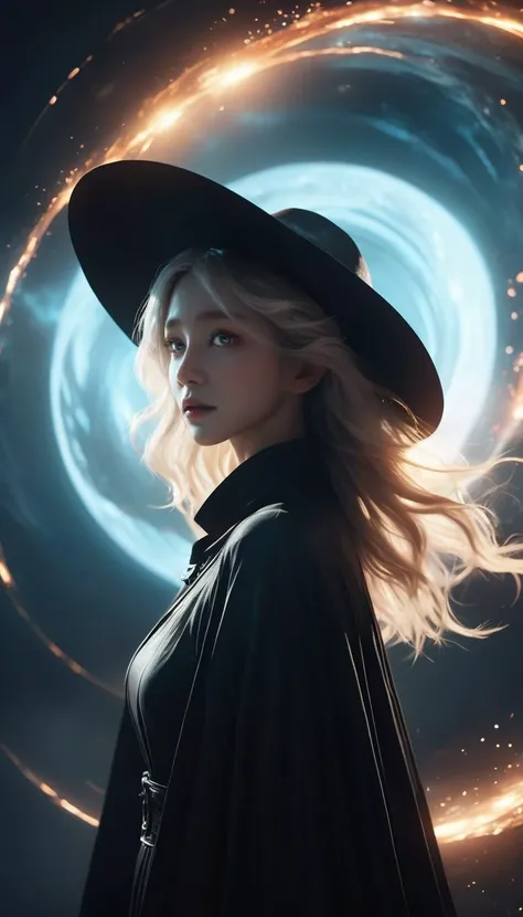 a witch stands on the edge of a black hole,her long black cloak billowing in the wind. her pointed hat casts a shadow on the ground,and her eyes glow with an otherworldly light. the black hole seems to be pulling her closer,and she is fighting to resist its gravitational pull.,glossy,rtx,reflections,soft light,soft shadows,dramatic lighting,atmospheric,global illumination,unreal,octane,(two tone lighting:1.5),(cyan light:1.4),alphonse mucha,
