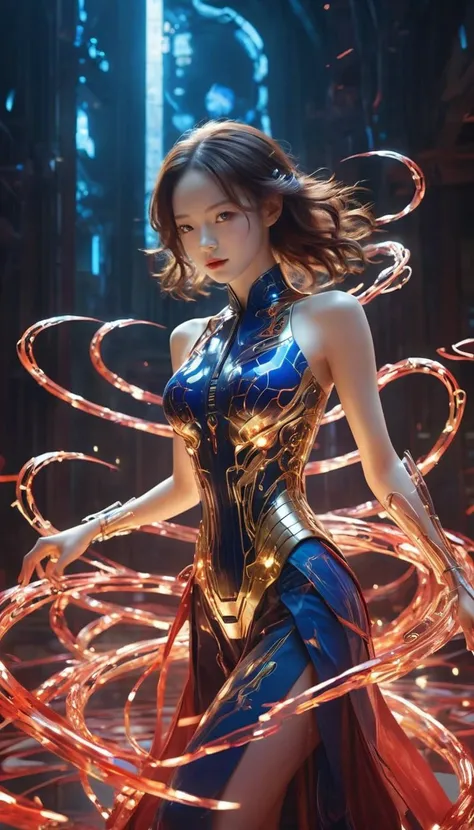 (Masterpiece, high quality, best quality, official art, beauty and aesthetics:1.2),1girl,Surrounded by rotating transparent red scrolls,floating transparent red Chinese characters,dynamic,rotating,1 man standing in the air,not looking at the camera,writing calligraphy,solo,blue eyes,holding,weapon,holding weapon,glow,robot,mecha,open_hand,v-fin, lighting,strong contrast,high level of detail,best quality,masterpiece,female venom,perfect body,slender figure,bailing_glitch_effect,(gold:1.2),bailing_glitch_effect,