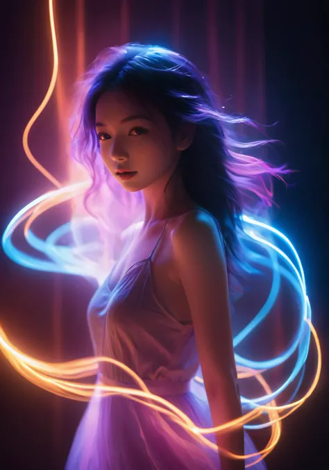 translucent luminous body,glow,bailing_model,1girl,pale skin,neon noir,long exposure,motion blur,1girl,(Glowing ambiance, enchanting radiance, luminous lighting, ethereal atmosphere, mesmerizing glow, evocative hues, captivating coloration, dramatic lighting, enchanting aura),