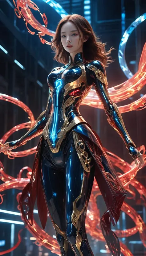 (Masterpiece, high quality, best quality, official art, beauty and aesthetics:1.2),1girl,Surrounded by rotating transparent red scrolls,floating transparent red Chinese characters,dynamic,rotating,1 man standing in the air,not looking at the camera,writing calligraphy,solo,blue eyes,holding,weapon,holding weapon,glow,robot,mecha,open_hand,v-fin,movie lighting,strong contrast,high level of detail,best quality,masterpiece,female venom,perfect body,slender figure,bailing_glitch_effect,(gold:1.2),bailing_glitch_effect,