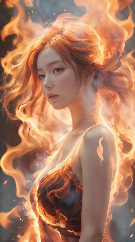 (fire element:1.1),composed of fire elements,(1girl:1.1),<lora:xl-shanbailing-1003fire-000010:0.8>,(burning:1.1),((a girl wrapped in flames soaring flames radiating sparks)),fire,(molten rock:1.1),flame skin,flame print,fiery hair,smoke,cloud,cleavage,burning clothing,perfect face,the perfect hand,garment draping,ruche,transparency,