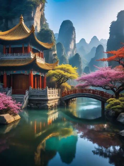 UHD photo of flowers trees and animals in Chinese landscape paintings, intricate details, fractal art, Calligraphy, Petros Afshar, tilt shift shot, high dynamic range, vivid, rich details, clear shadows and highlights, realistic, intense, enhanced contrast, highly detailed,