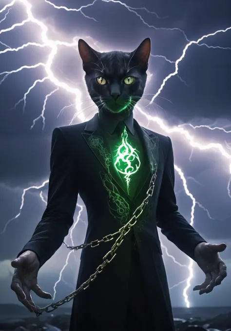 surrealism,Cthulhu,cat,(detailed light),((lightning in hand)),lightning surrounds,(((lightning chain))),