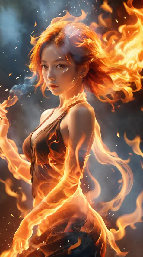 (fire element:1.1),composed of fire elements,(1girl:1.1),<lora:xl-shanbailing-1003fire-000010:0.8>,(burning:1.1),((a girl wrapped in flames soaring flames radiating sparks)),fire,(molten rock:1.1),flame skin,flame print,fiery clothing,fiery hair,smoke,cloud,cleavage,perfect face,the perfect hand,transparency,