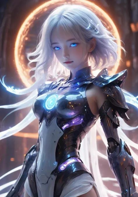 high quality exquisite wallpaper,(holographic:1.7),holographic metal,holographic fabric,1girl,wearing white Hanfu andblack mecha,The girl was surrounded by magic arrays,solo,mecha musume,blue_eyes,standing,cinematic lighting,strong contrast,1 beautiful young chinese woman,mature and exquisitefacial features,sharp eyes,photon force field,purple and blue glowing neon lights,wide_shot,robot girl,magic array,magic circle,roman numeral,blue theme,intricate glowing lace,(Multiple magic arrays:1.5),1 girl figure is slender medium breasts clothes show cleavage,white hair,Magic Array Control Recommendation: Tguilvas Salen Debi Maggichi Ares,Martipur Maggichi Ares,Tegil Issalon Debi Maggichilins,((Dark)),epic,8k,fantasy,ultra detailed,Magic,((hood)),(hoodie),((((hair over one eye)))),casting spell,blackhole,menancing,((glowing eyes)) ((BLUE eyes)),((glowing)),((Bloom)),magnificent,Masterpiece,absurdres,best quality,standing,1girl,human,evil,evil grin,apocalypse,destruction,end of the world,crazy eyes,Crazy,psycothic,looking down,superior,(sadistic),((demoniac)),spear,spectral,ghostly,circle,rim,rim light,crescent,abyssal,Shorts,groin,hip bones,hip lines cowboy shot,Magic Circle,excessive energy,scifi,abyssaltech,dark energy,ethereal,dissolving,see-through,abyss,antitech,scifi,pure energy,thighs,