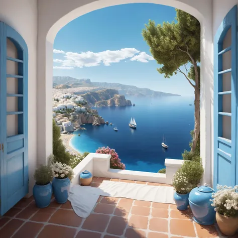 (masterpiece:1.3), ((ultra-detailed:1.2)), (highly detailed CG illustration:1.2), (best quality:1.4), (High quality texture, intricate details, detailed texture, High quality shadow), Cinematic Light, Ray tracing, Depth of field, light source contrast, ((The Mediterranean is a place full of romance. Under the bright sunshine, the blue sea, the blue and white houses, the summer seascape, and the retro atmosphere are one of the most suitable places for nurturing human beings: 1.4)), (day view:1.1), (nature light:1.1), colorful,
(romantic scene setting:1.1), (blue and white house background:1.1), (Trending on artstation:1.3), (The perfect combination of fantasy and reality scenes:1.1), detailed background, (romantic and realistic imagination:1),