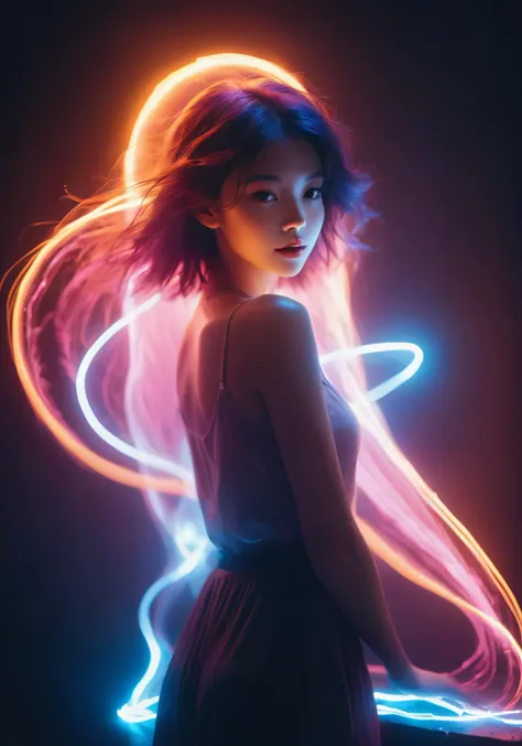 neon noir,long exposure,motion blur,1girl,(Glowing ambiance, enchanting radiance, luminous lighting, ethereal atmosphere, mesmerizing glow, evocative hues, captivating coloration, dramatic lighting, enchanting aura),thigh,(barefoot:1.2),haute couture,