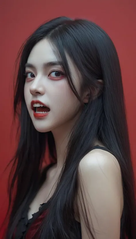 (sharp teeth:1.2),best quality,masterpiece,realistic,long hair,teeth,solo,blood,pointy ears,black hair,red background,open mouth,vampire,1boy,blood on face,male focus,looking at viewer,1girl,