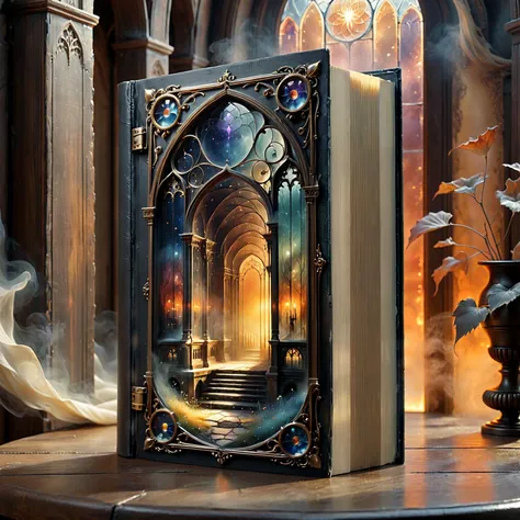 Highly detailed. Realistic.

A gothic glass book, a gateway to another world. The cover is glass, depicting a 3d scene into another world.

warm tones. Warm hues.

Fantasy style. Fantasy dreamlike art. Soft dreamy watercolor.

Atmospheric, rustic, moody, misty.

<lora:RMSDXL_Enhance:1>,
<lora:The_Dark_Side_of_the_Earth:0.8>
<lora:Ghostly_Style_SDXL:0.2>
<lora:DonMP4ste11F41ryT4l3XL-000008:0.2> DonMP4ste11F41ryT4l3XL 
