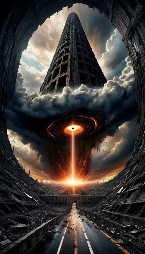 Digital art black hole containing spaceship parts object succking up everything sinkhole road,
Hand of god descending from sky to destroy the tower of babel,sharp color,pandemonium,chaotic scene,intricately detailed,foreboding,intense,dark clouds,wrath of god descending,lightning,symmetrical architecture,