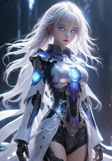 high quality exquisite wallpaper,(holographic:1.7),holographic metal,holographic fabric,1girl,wearing white Hanfu andblack mecha,The girl was surrounded by magic arrays,solo,mecha musume,blue_eyes,standing,cinematic lighting,strong contrast,1 beautiful young chinese woman,mature and exquisitefacial features,sharp eyes,photon force field,purple and blue glowing neon lights,wide_shot,robot girl,magic array,magic circle,roman numeral,blue theme,intricate glowing lace,(Multiple magic arrays:1.5),1 girl figure is slender medium breasts clothes show cleavage,white hair,Magic Array Control Recommendation: Tguilvas Salen Debi Maggichi Ares,Martipur Maggichi Ares,Tegil Issalon Debi Maggichilins,((Dark)),epic,8k,fantasy,ultra detailed,Magic,((hood)),(hoodie),((((hair over one eye)))),casting spell,blackhole,menancing,((glowing eyes)) ((BLUE eyes)),((glowing)),((Bloom)),magnificent,Masterpiece,absurdres,best quality,standing,1girl,human,evil,evil grin,apocalypse,destruction,end of the world,crazy eyes,Crazy,psycothic,looking down,superior,(sadistic),((demoniac)),spear,spectral,ghostly,circle,rim,rim light,crescent,abyssal,Shorts,groin,hip bones,hip lines cowboy shot,Magic Circle,excessive energy,scifi,abyssaltech,dark energy,ethereal,dissolving,see-through,abyss,antitech,scifi,pure energy,thighs,