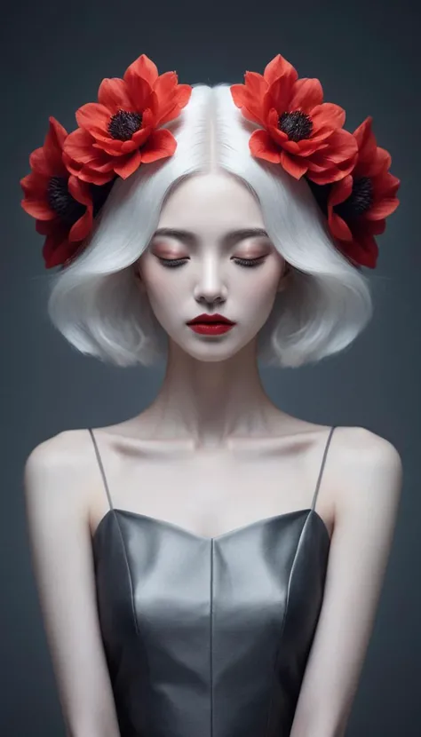 Conceptual portrait,female subject,oversized red floral headpiece,monochromatic theme,high-contrast,red lipstick,closed eyes,serene expression,black background,studio photography,avant-garde fashion,artistic makeup,surrealistic style,head-and-shoulders shot,black clothing,pale skin,elegance,dramatic lighting,visual metaphor,symmetry,ethereal beauty,mysterious atmosphere,<lora:xl-shanbailing-24-0206flower-000010:0.8>, bailing_flower,white hair,