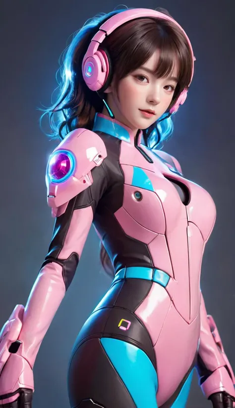 1girl,d.va (overwatch),solo,long hair,space,brown hair,bodysuit,planet,closed eyes,breasts,earth (planet),pilot suit,facial mark,full body,armor,headphones,medium breasts,high heels,bangs,plugsuit,whisker markings,floating hair,closed mouth,gloves,<lora:xl-shanbailing-1015contrast:1>, contrast,color patches,half pink half blue,