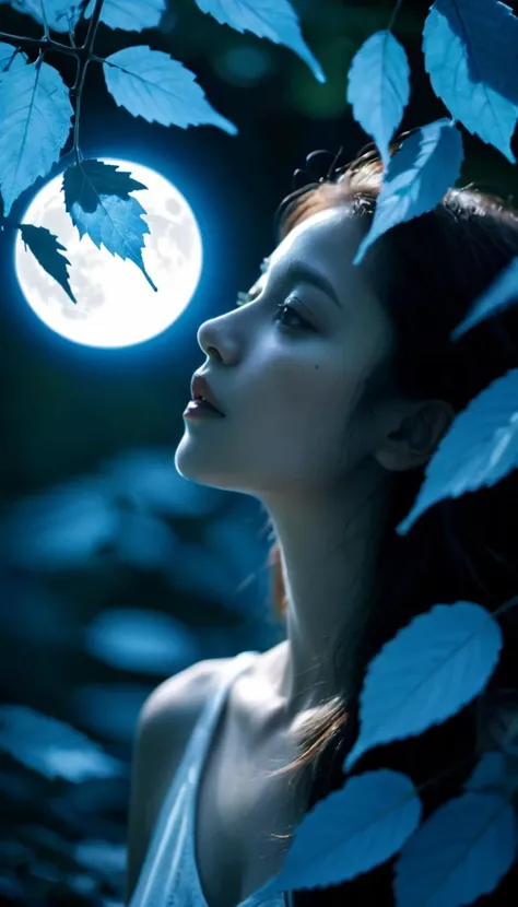 photographic portraits,the art of photography,female,leaf,dappled light: light through leaves,a cold blue light from the moon,cool summer days,blue tones,hd,