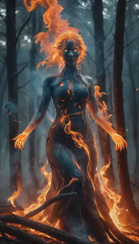 (fire element:1.1),composed of fire elements,(1girl:1.3),<lora:xl-shanbailing-1003fire-000010:0.75>,
highly detailed,masterpiece,malicious fire elemental emerges from (burning forest:1.2),evil eyes,trees on fire and rising smoke background,faint blue hue,swirling fire,mythical,mystical,glowing_hands,