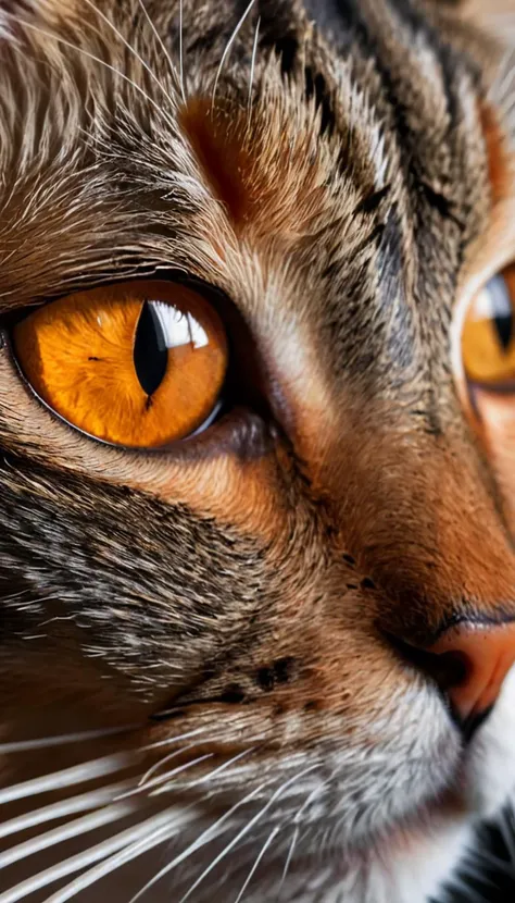 The image showcases a close-up of a cat's face,particularly focusing on its eye. The cat's eye is a striking shade of amber or orange,contrasting sharply with the gray fur of its face. The fur appears soft and well-groomed,with a few whiskers visible. The background is dark,emphasizing the cat's features and making the eye stand out even more.,no humans,cat,animal focus,animal,realistic,whiskers,slit pupils,orange eyes,colored sclera,