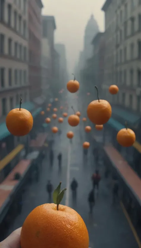 horror fantasy,giantic orange fruit flying above city full of afraid people,pov of sidewalk,uhd 8k hyper-realistic intricate detail,no humans,Porta 160 color,shot on ARRI ALEXA 65,bokeh,sharp focus on subject,highest details,photorealistic,fog,high face details,8k,raytracing,