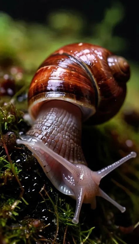 The image showcases a close-up of a snail,with its head prominently visible. The snail's eyes are tiny and black,and it has a glossy,wet appearance. The snail's tentacles are slightly extended,and it seems to be moving over a surface covered with moss and small pinkish-red particles. The background is dark,emphasizing the snail and its surroundings.,weapon,realistic,gun,no humans,