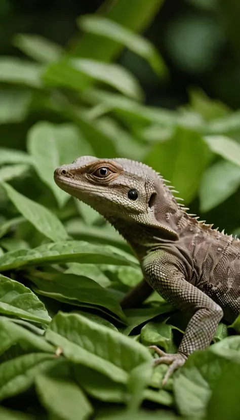 The image showcases a reptile,specifically a lizard,amidst a bed of green leaves. The lizard has a brownish hue with intricate patterns on its skin. It appears to be in a natural setting,surrounded by green foliage,possibly a garden or a forest. The lizard's eyes are slightly open,and it seems to be observing its surroundings.,no humans,animal focus,realistic,blurry,