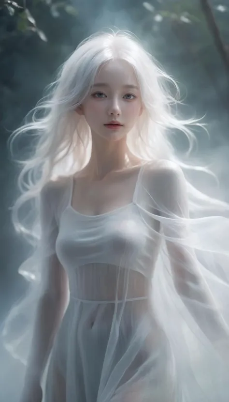 1girl,fog,high depth of field,white hair,
Create a spectral woman with a (translucent appearance:1.3),Her form is barelly tangible,with a soft glow emanating from her gentle contours,The surroundings subtly distort through her ethereal presence,casting a dreamlike ambiance,full body lens,thigh,