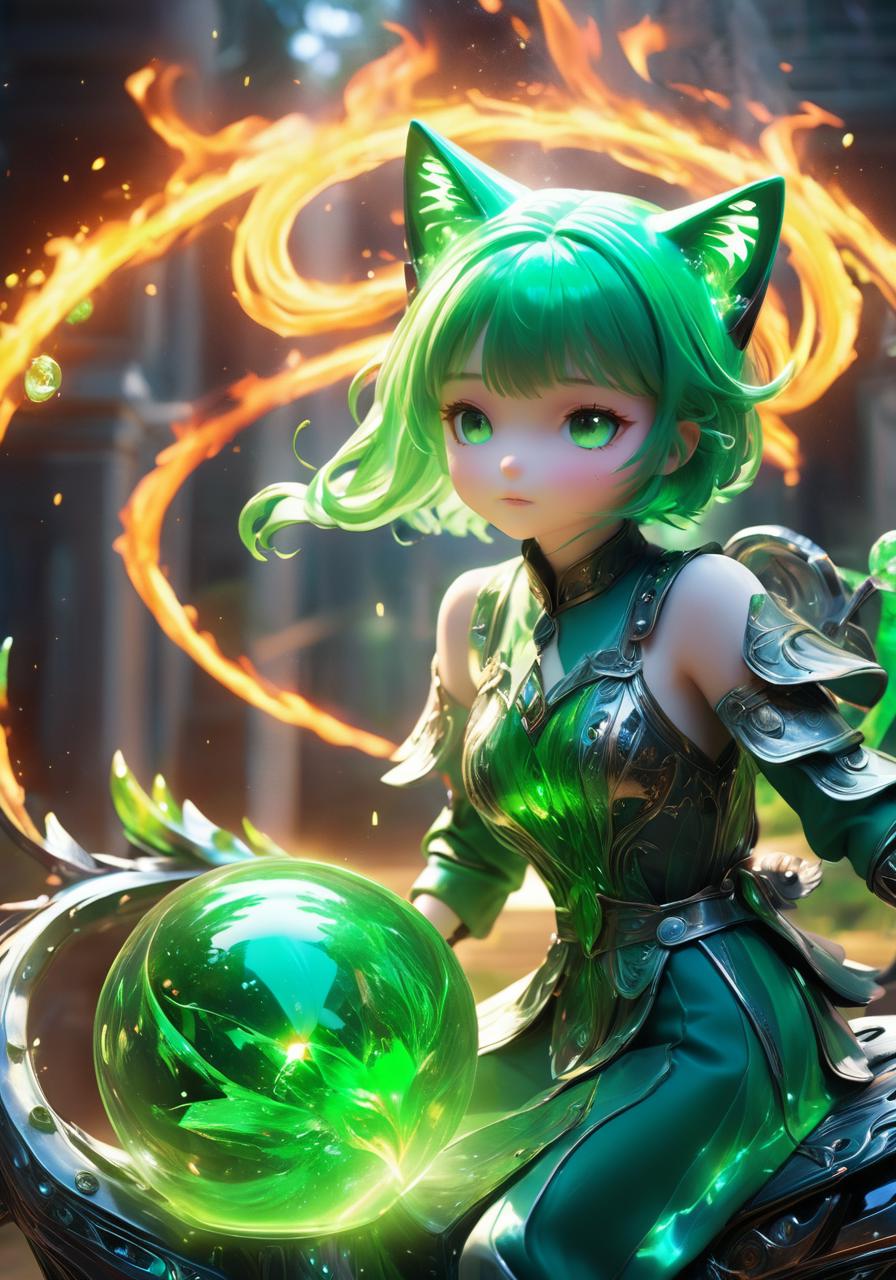 A girl with green hair and green eyes holding a green ball - SeaArt AI